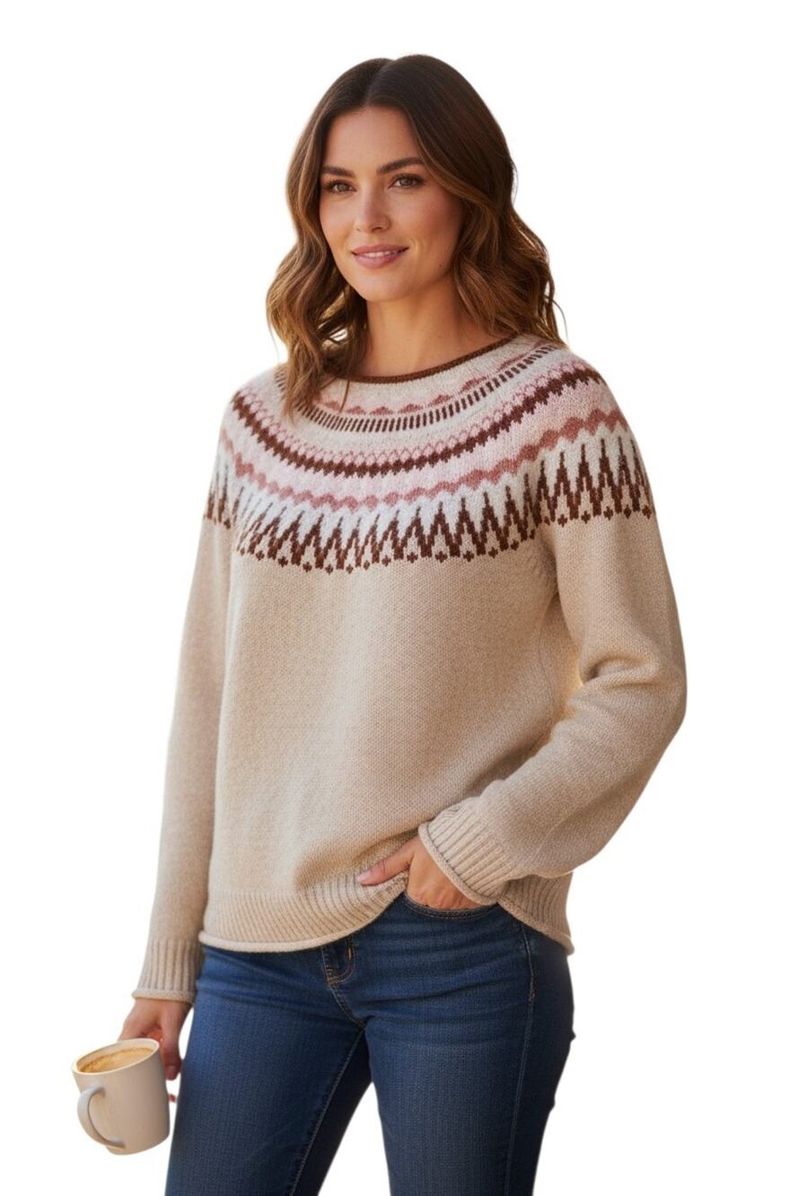 SUNDANCE M Sweater Piper Fair Isle Nordic Beige Pink Rolled Hem Cotton Wool 38"